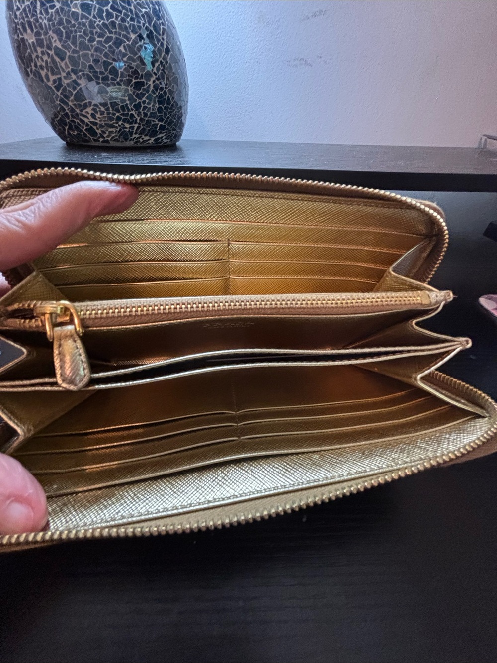 PRISTINE Prada Saffiano Leather Long Zip-Around Wallet – Metallic Gold (Platino) - Picture 9 of 11